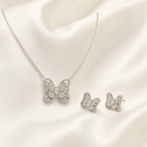 Silver butterfly pendant necklace with matching stud earrings – Mahal Jewels