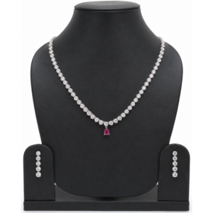 Silver necklace set with ruby stone and matching CZ drop earrings – Mahal Jewels